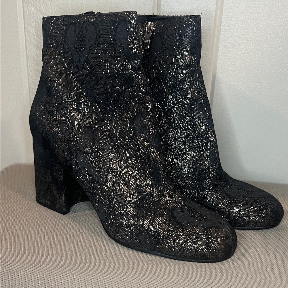 Marc Fisher Jana Floral Brocade Embroidered Ankle Boot Black Gold Women's